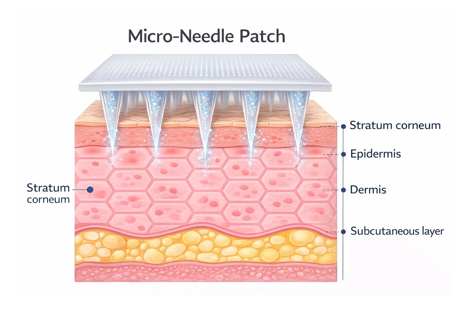 Skin layer diagram showing microneedle patch interaction