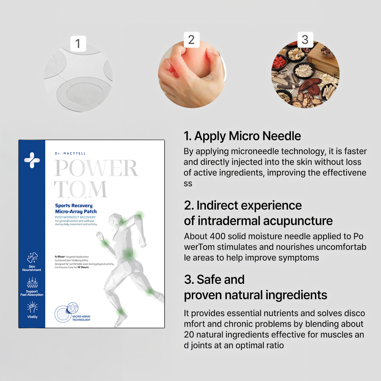3 features of POWER TOM: apply micro needle, mild long-lasting effect, safe proven natural ingredients