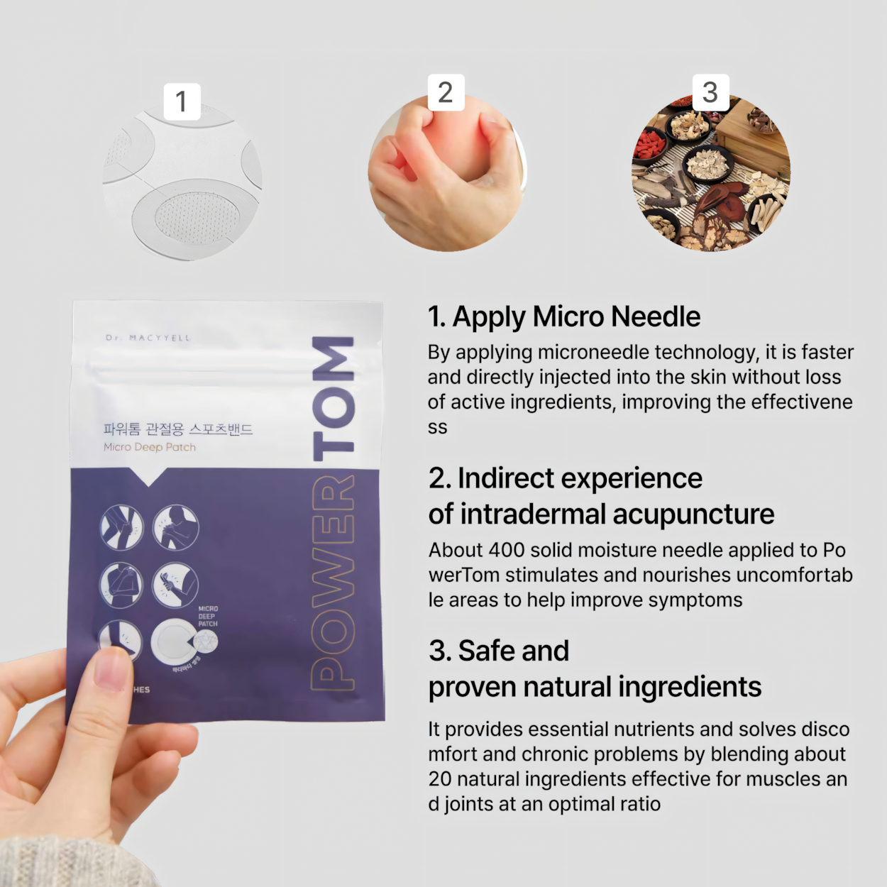 3 features of POWER TOM: apply micro needle, mild long-lasting effect, safe proven natural ingredients