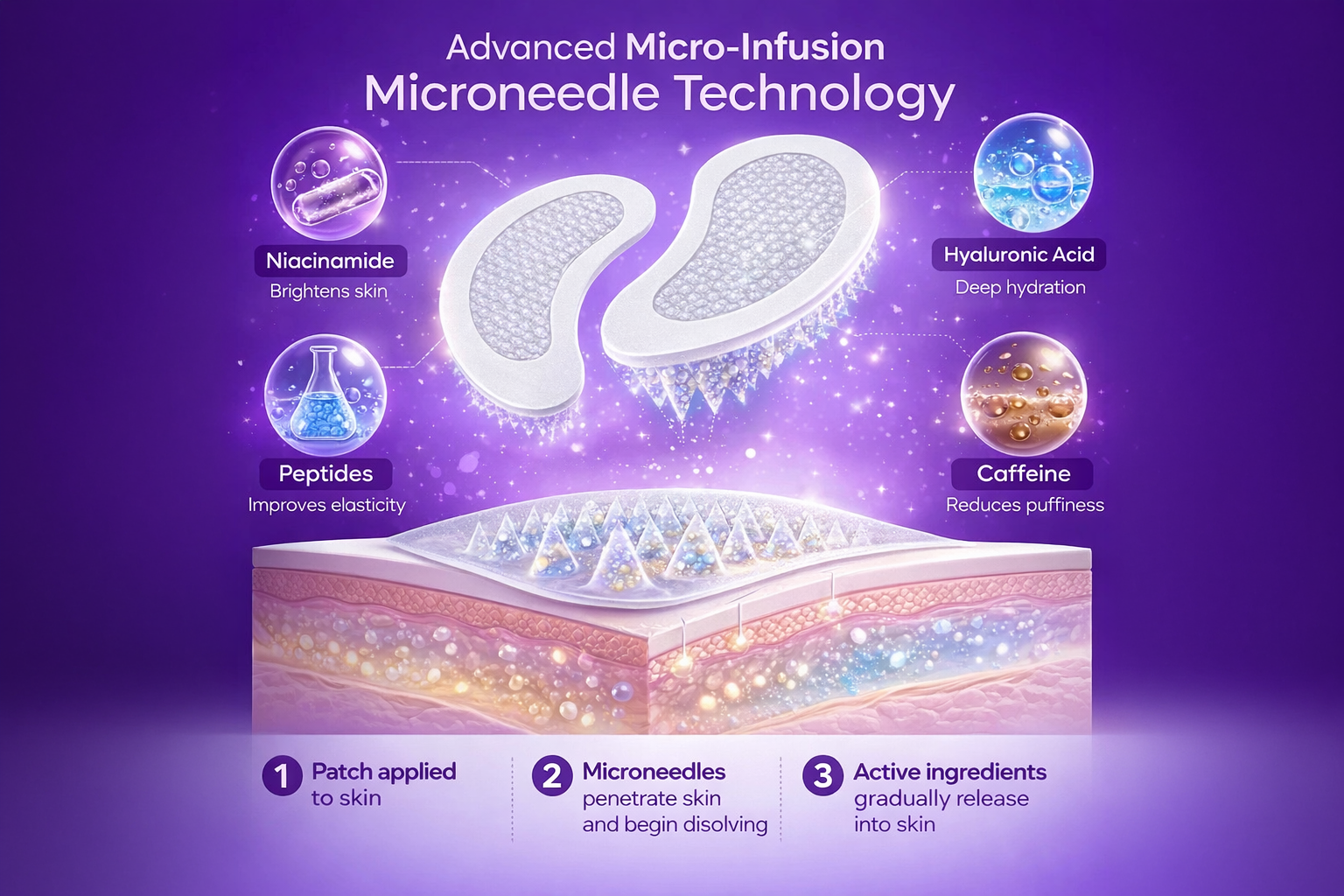 microneedle under eye patch delivering skincare ingredients through dissolving microneedles