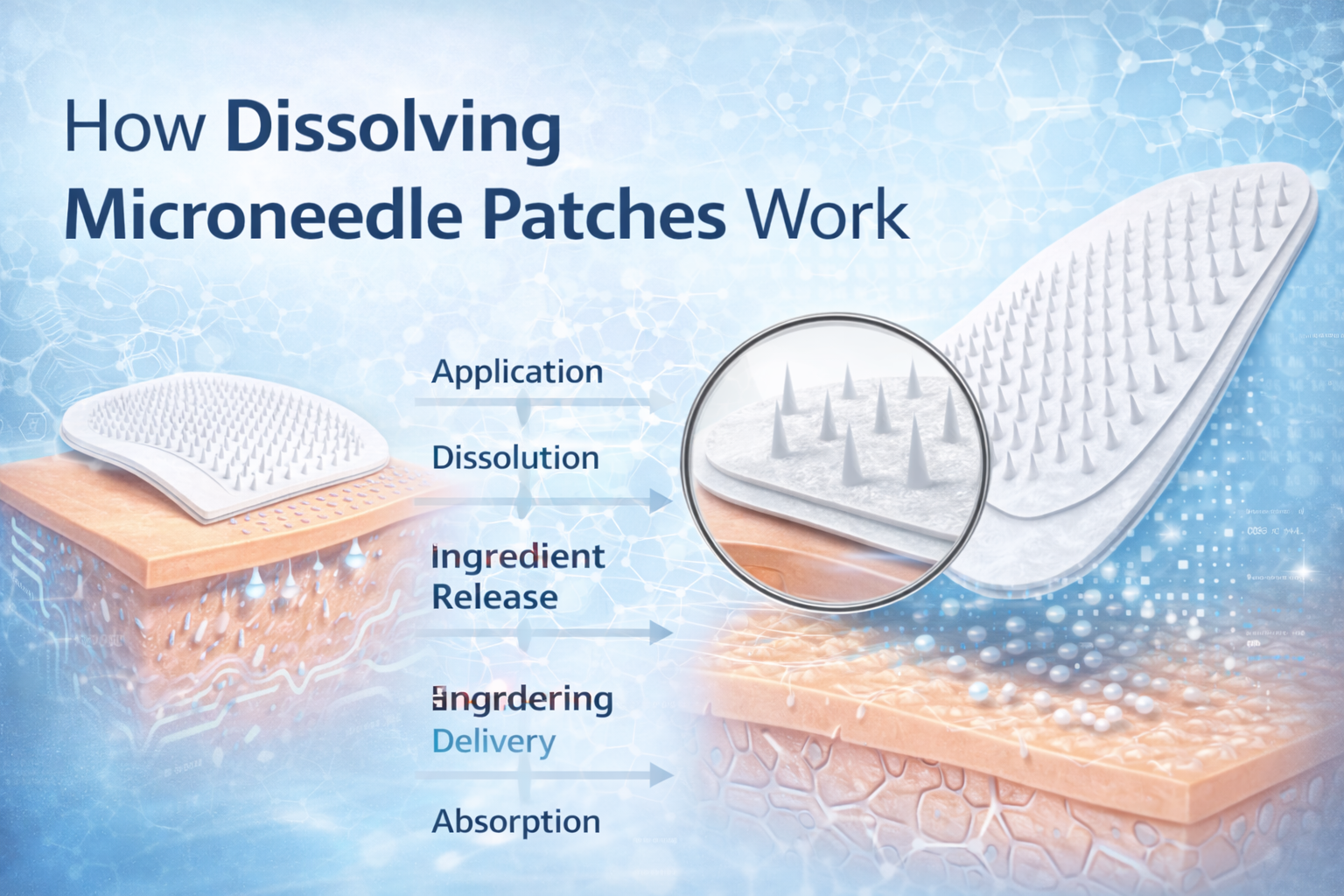 Infographic explaining how dissolving microneedle patches work for transdermal skin delivery and ingredient absorption